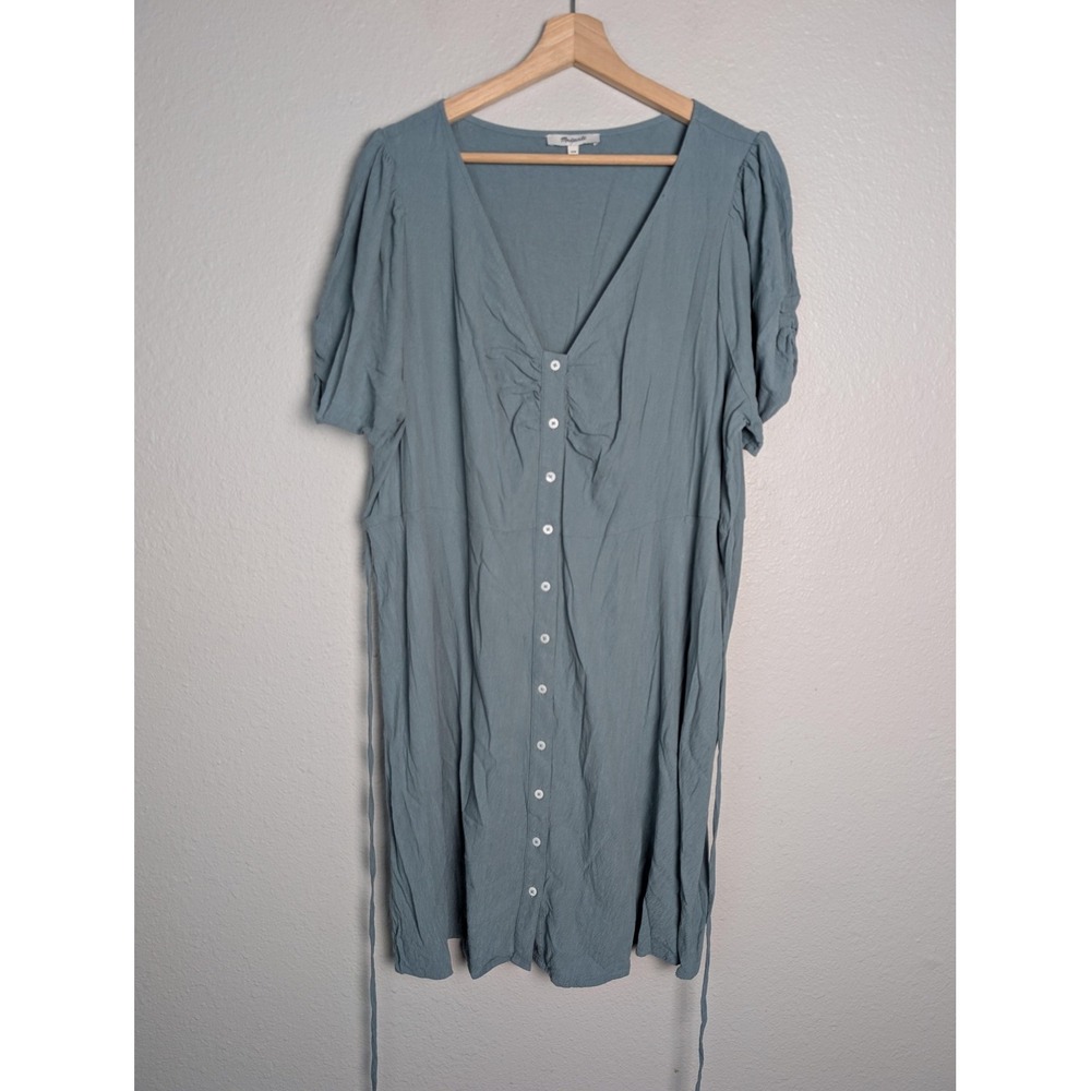 Madewell Dress Womens 16W Blue Midi Shirt Dress V-Neck Ruched Button Puff Sleeve